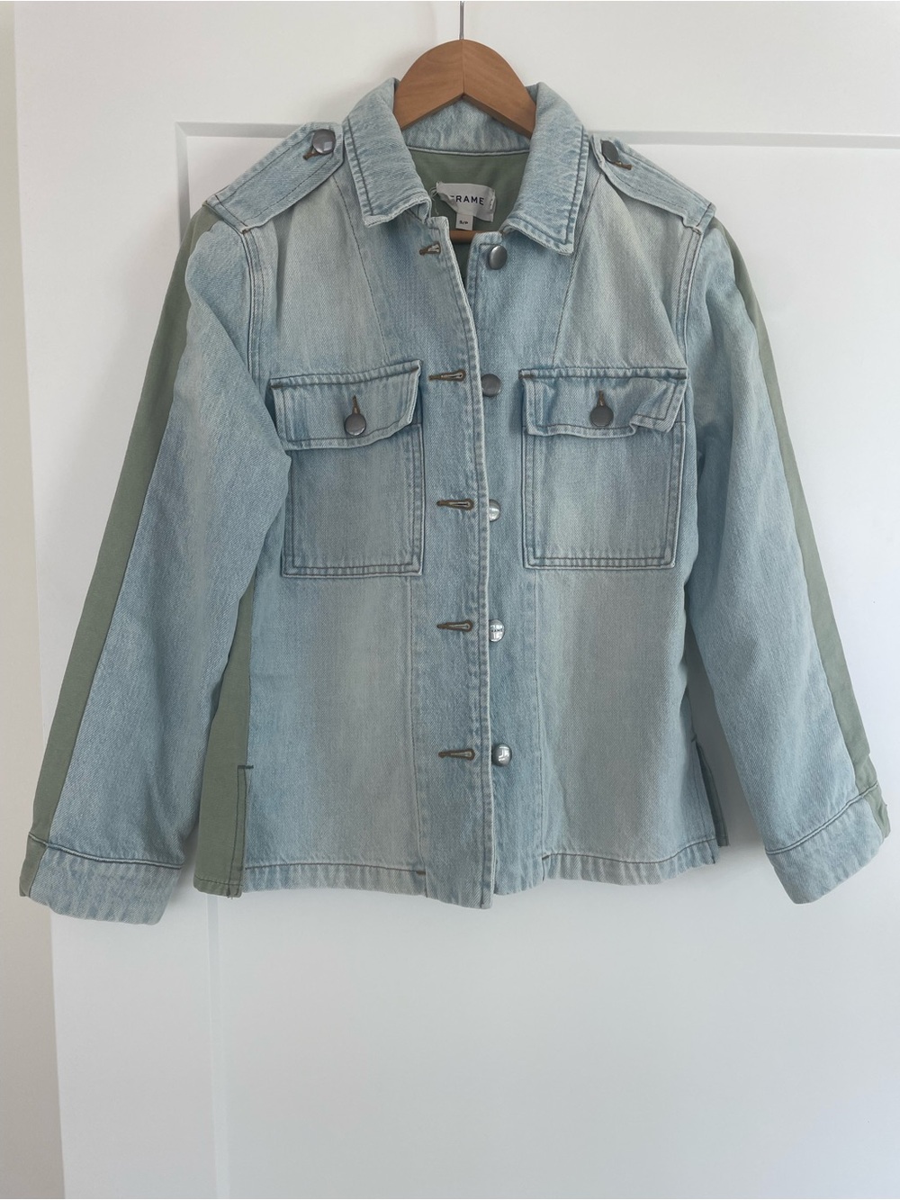 Frame Denim Two-Tone Light Blue and Olive Utility Jean Jacket